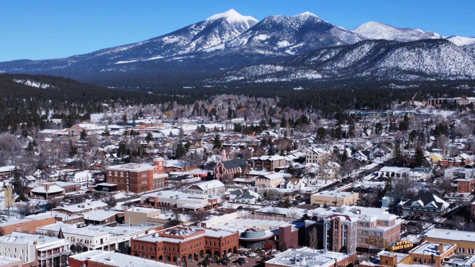 Snow-dusted Flagstaff below the San Francisco Peaks