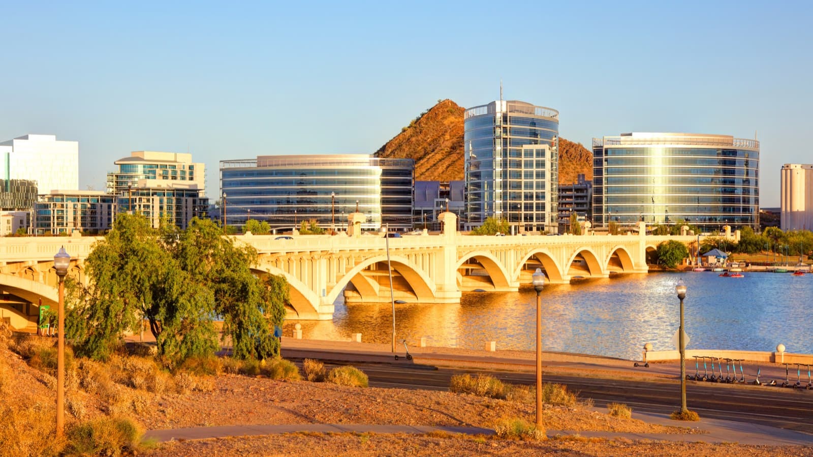 Tempe Town Lake and the Mill Avenue bridge at sunset