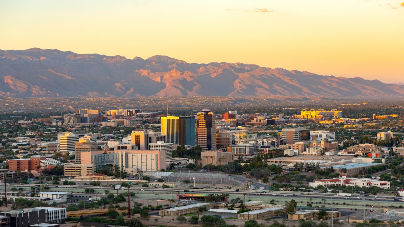 The Tucson skyline beneath the Catalina Mountains at golden hour